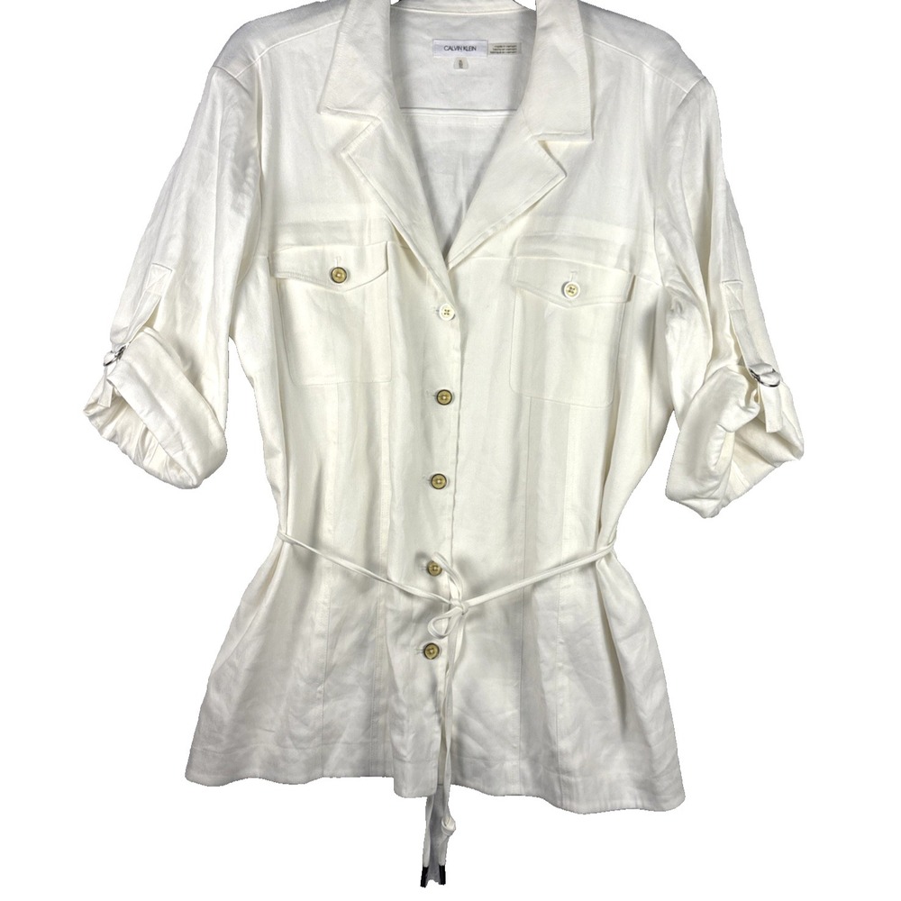Calvin Klein Linen Blend Ivory Roll Tab Sleeve Button Shirt Jacket M $140